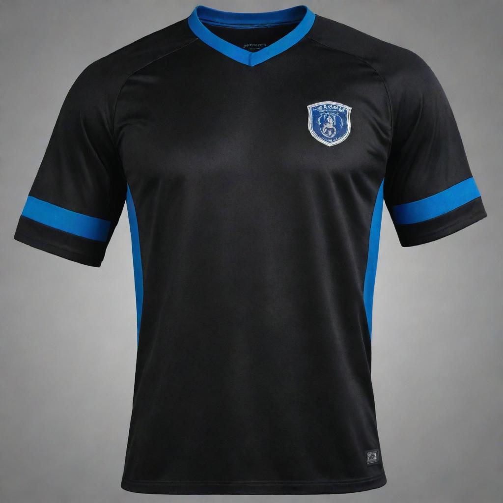 A black soccer jersey with dark blue accents