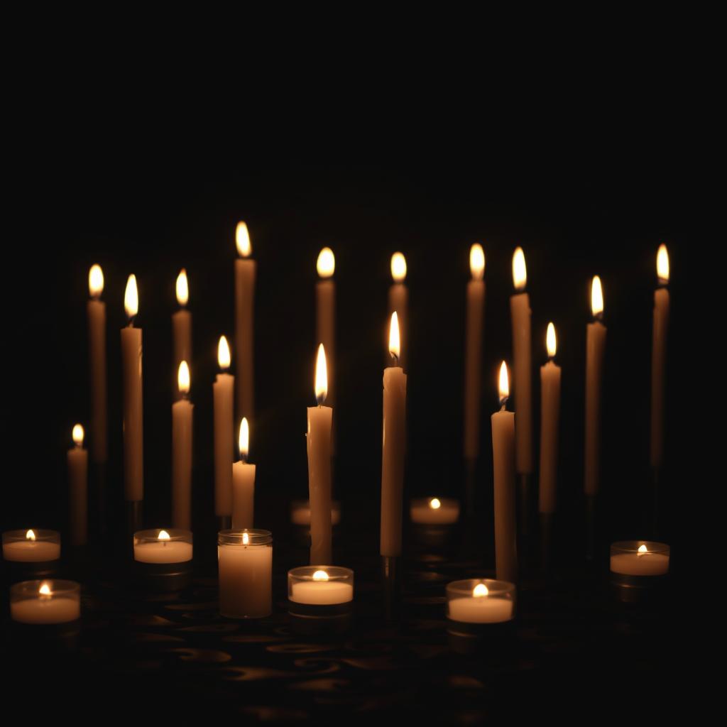 A serene and atmospheric scene featuring a dark background lit by numerous flickering candles