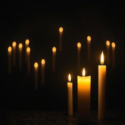 A serene and atmospheric scene featuring a dark background lit by numerous flickering candles