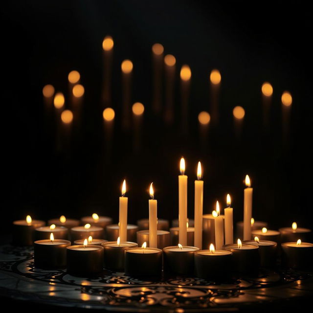 A serene and atmospheric scene featuring a dark background lit by numerous flickering candles