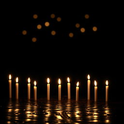 A serene and atmospheric scene featuring a dark background lit by numerous flickering candles