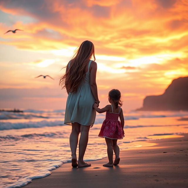 A heartwarming scene of a mother and daughter standing together on a beach during sunset