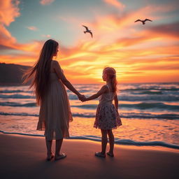 A heartwarming scene of a mother and daughter standing together on a beach during sunset