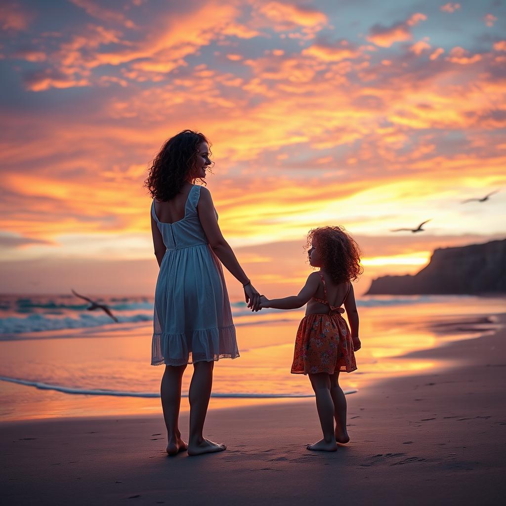 A touching scene of a mother and daughter with curly hair standing on a beach during sunset