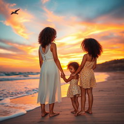 A touching scene of a mother and daughter with curly hair standing on a beach during sunset