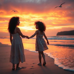 A touching scene of a mother and daughter with curly hair standing on a beach during sunset