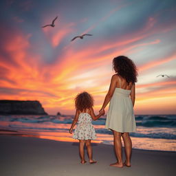 A touching scene of a mother and daughter with curly hair standing on a beach during sunset