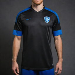 A black soccer jersey with dark blue accents