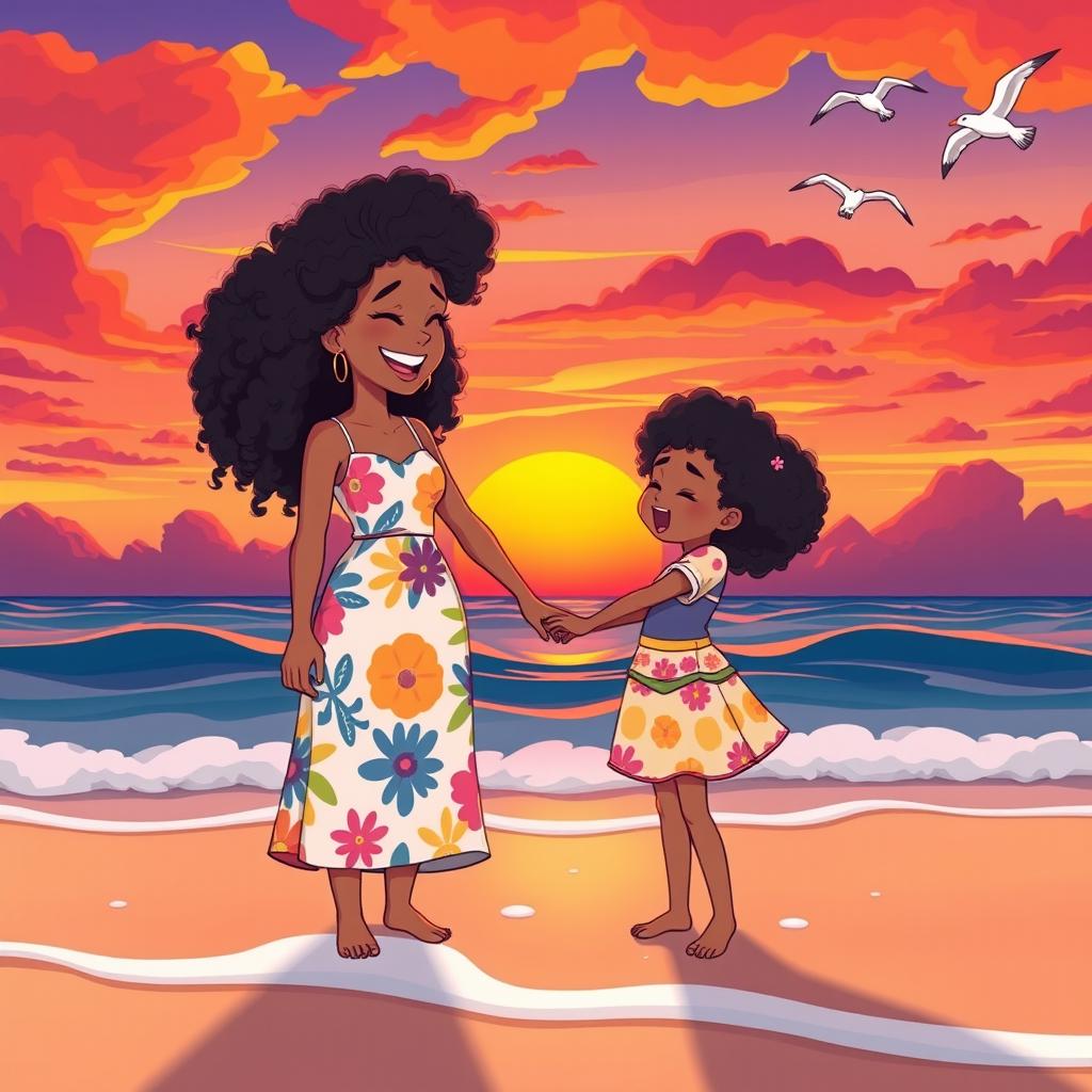 A charming animated scene depicting a mother and daughter with curly hair standing on a beach during sunset