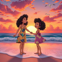 A charming animated scene depicting a mother and daughter with curly hair standing on a beach during sunset