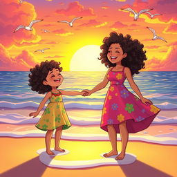 A charming animated scene depicting a mother and daughter with curly hair standing on a beach during sunset