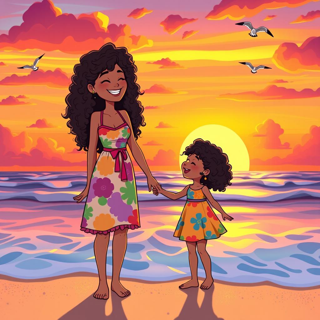 A charming animated scene depicting a mother and daughter with curly hair standing on a beach during sunset