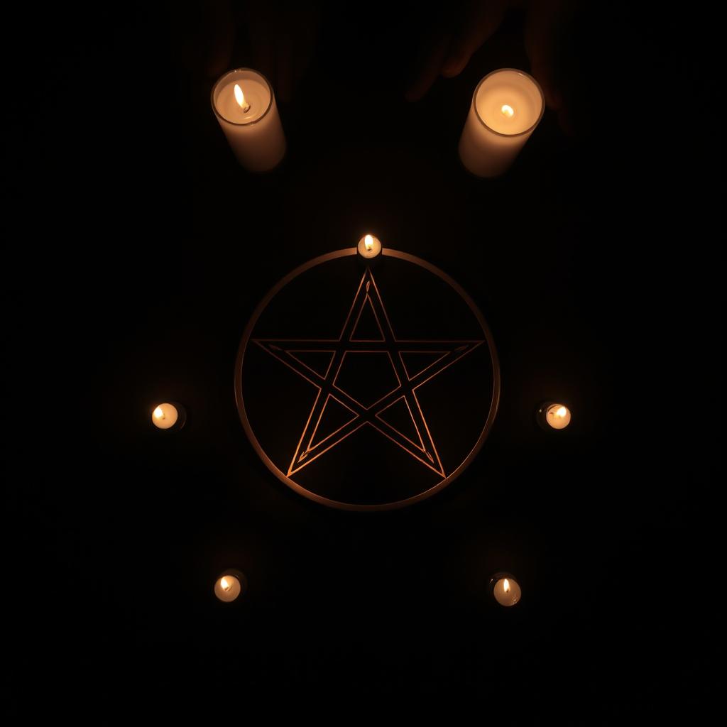 A captivating and atmospheric scene featuring a dark background with a prominent and intricately designed pentagram at the center