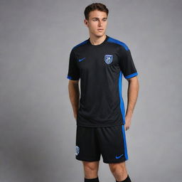 A black soccer jersey with dark blue accents