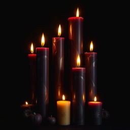 A dramatic and elegant scene featuring large candles of varying heights arranged artfully against a dark backdrop