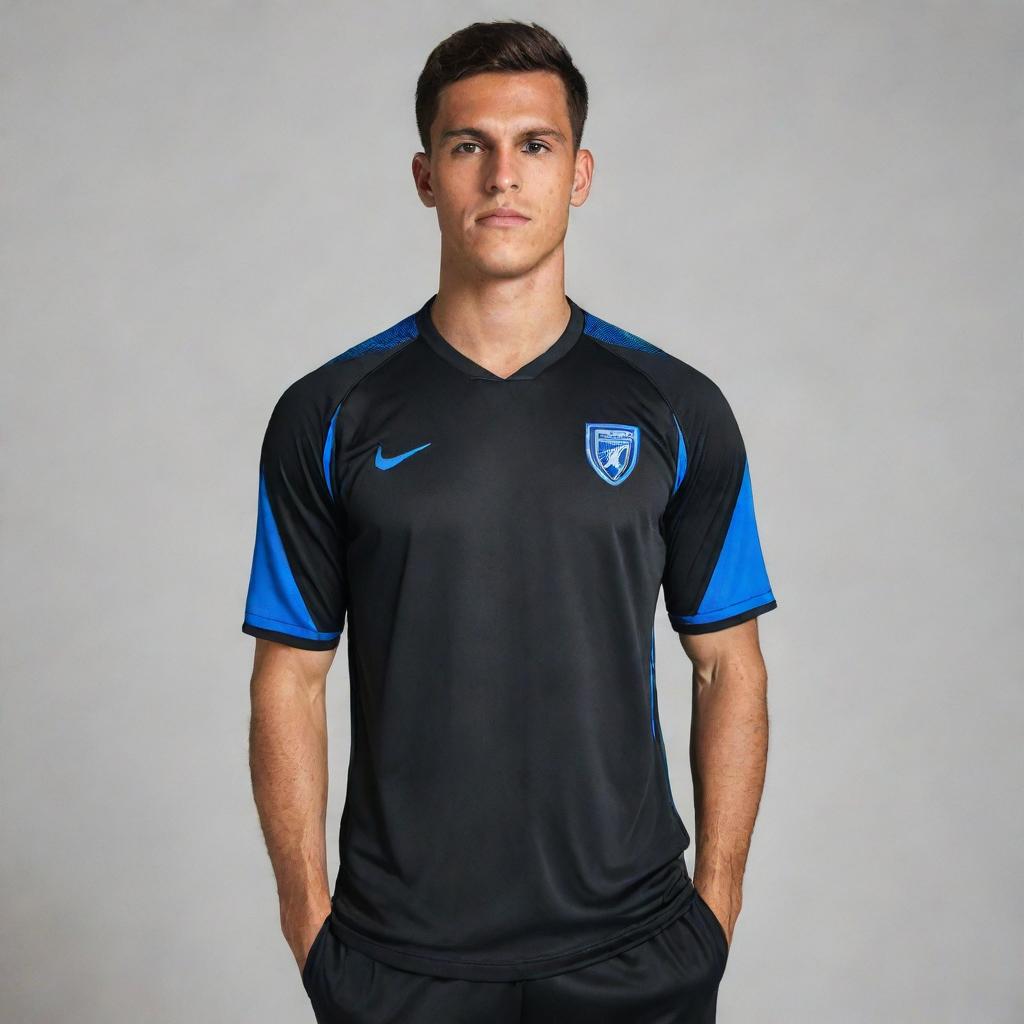 A black soccer jersey with dark blue accents