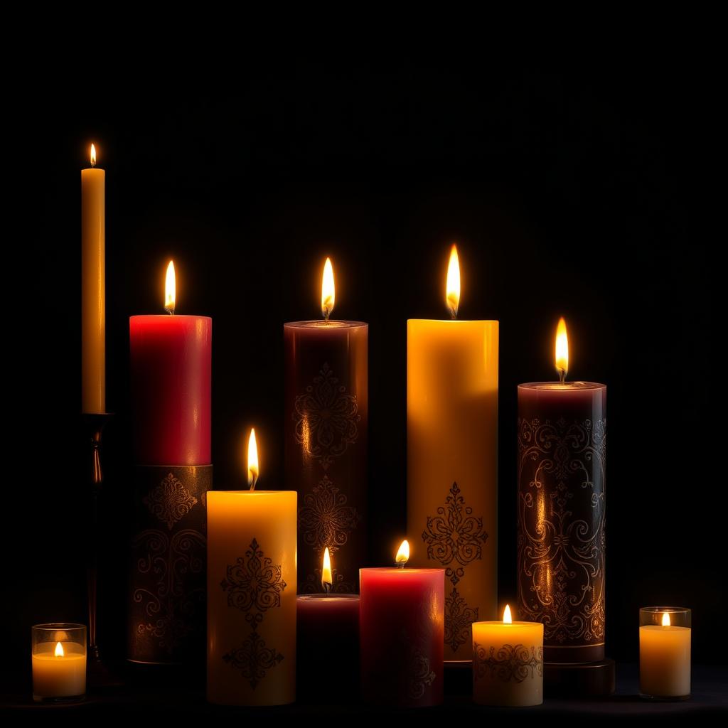 A dramatic and elegant scene featuring large candles of varying heights arranged artfully against a dark backdrop