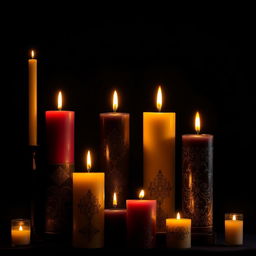 A dramatic and elegant scene featuring large candles of varying heights arranged artfully against a dark backdrop