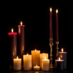 A dramatic and elegant scene featuring large candles of varying heights arranged artfully against a dark backdrop