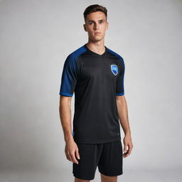 A black soccer jersey with dark blue accents