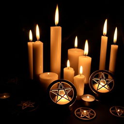 An enchanting and mystical scene featuring an arrangement of candles and pentagrams