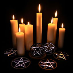 An enchanting and mystical scene featuring an arrangement of candles and pentagrams