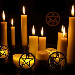 An enchanting and mystical scene featuring an arrangement of candles and pentagrams