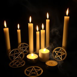 An enchanting and mystical scene featuring an arrangement of candles and pentagrams