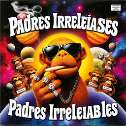 A vibrant music album cover titled 'Padres Irresponsables' in Spanish