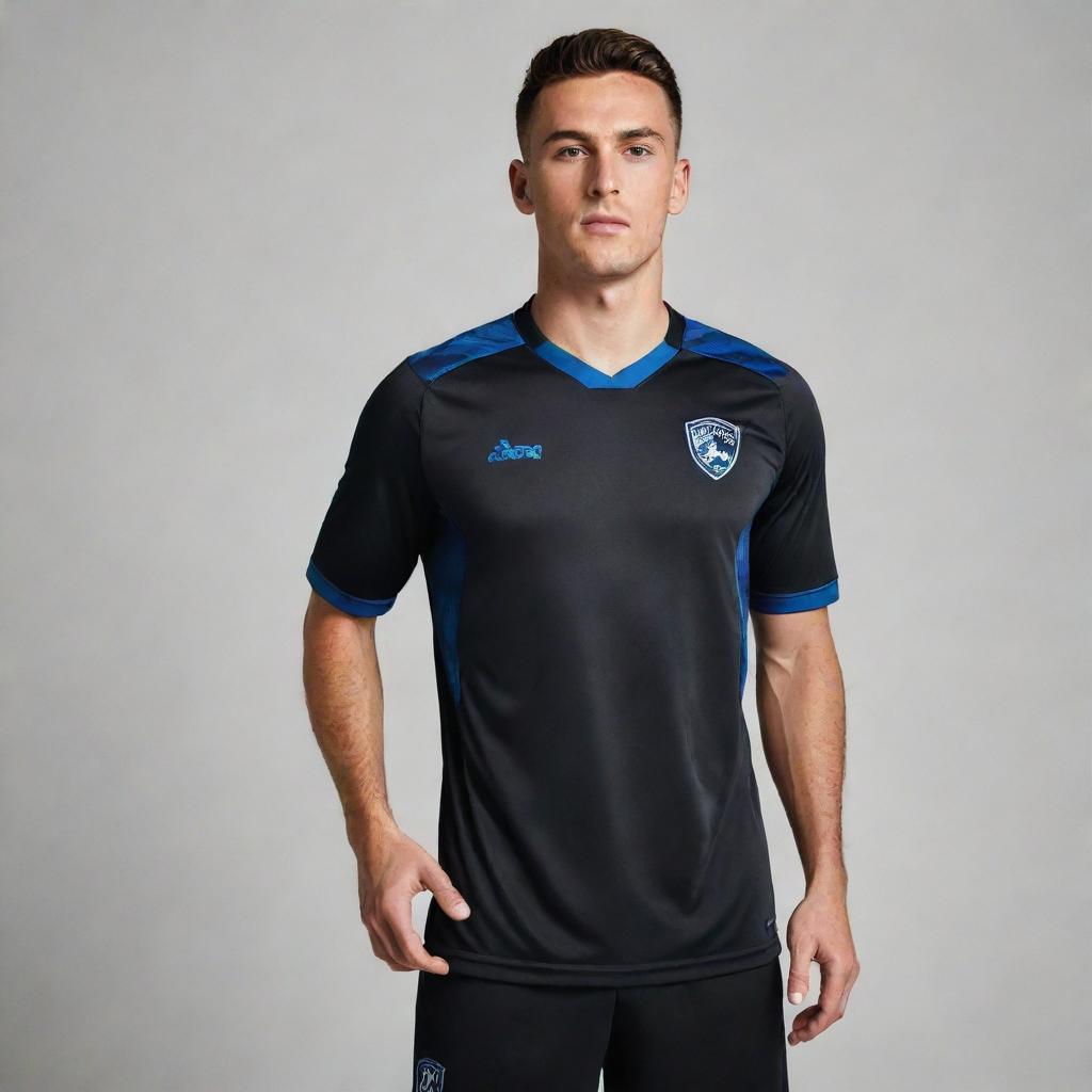 A black soccer jersey with dark blue accents