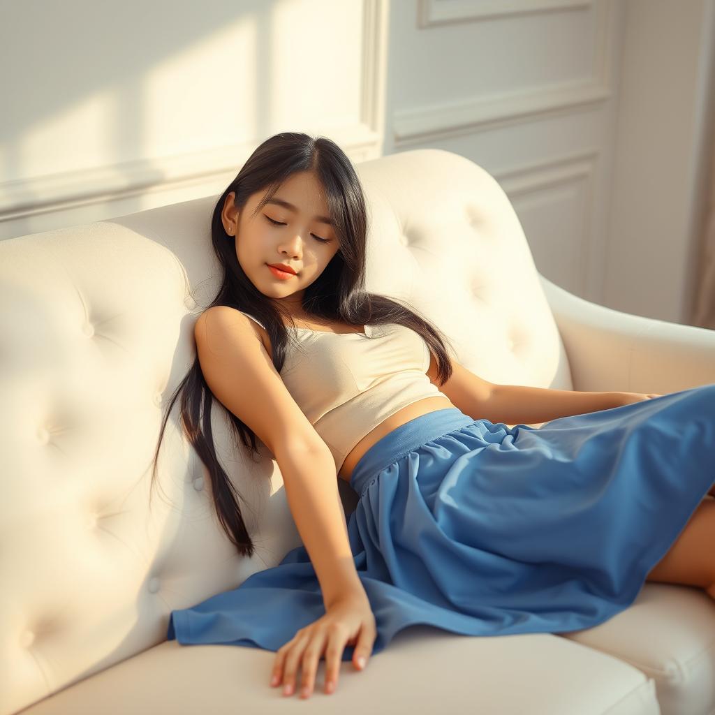 A stunning young Indonesian girl with long black hair, wearing a flowing blue mini skirt and a light top that complements her figure
