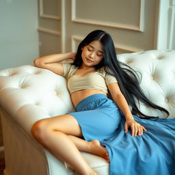 A stunning young Indonesian girl with long black hair, wearing a flowing blue mini skirt and a light top that complements her figure