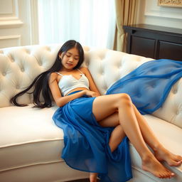 A stunning young Indonesian girl with long black hair, wearing a flowing blue mini skirt and a light top that complements her figure