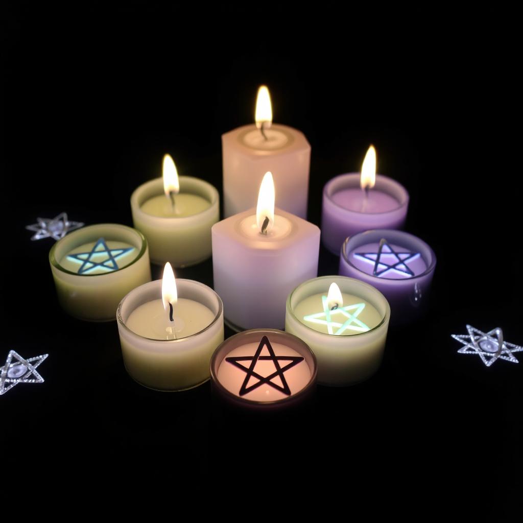 A mystical and serene arrangement featuring small candles delicately placed around several glowing pentagrams