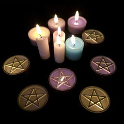 A mystical and serene arrangement featuring small candles delicately placed around several glowing pentagrams