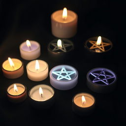 A mystical and serene arrangement featuring small candles delicately placed around several glowing pentagrams