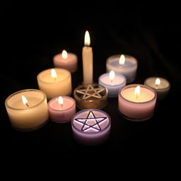 A mystical and serene arrangement featuring small candles delicately placed around several glowing pentagrams