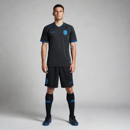 A black soccer jersey with dark blue accents