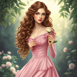 A book cover illustration depicting a beautiful woman with long, flowing curly hair and fair skin