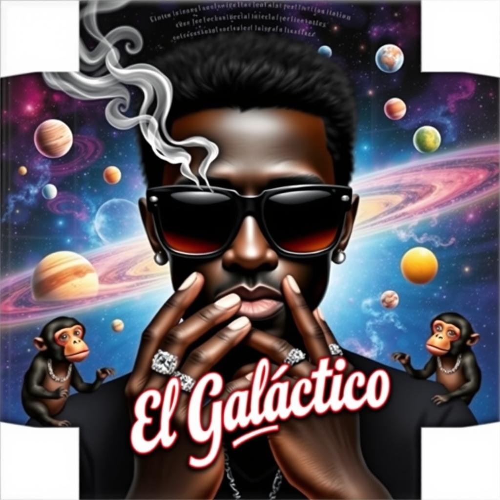 A vibrant music album cover featuring a black-colored character in the center, wearing oversized black space sunglasses and smoking a cigarette, with wisps of smoke curling up from it