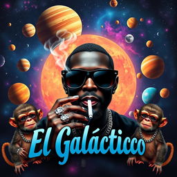 A vibrant music album cover featuring a black-colored character in the center, wearing oversized black space sunglasses and smoking a cigarette, with wisps of smoke curling up from it