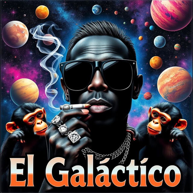 A vibrant music album cover featuring a black-colored character in the center, wearing oversized black space sunglasses and smoking a cigarette, with wisps of smoke curling up from it