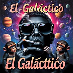 A vibrant music album cover featuring a black-colored character in the center, wearing oversized black space sunglasses and smoking a cigarette, with wisps of smoke curling up from it