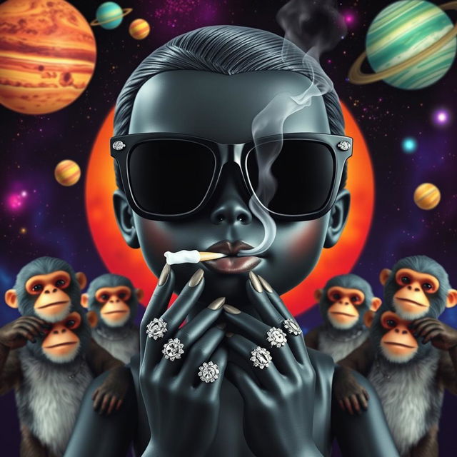 A musical cover art featuring a black doll in the center, wearing sleek black space sunglasses