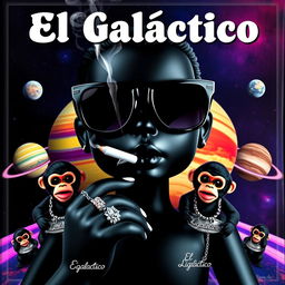 A musical cover art featuring a black doll in the center, wearing sleek black space sunglasses