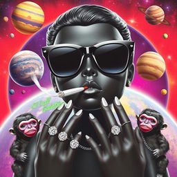 A musical cover art featuring a black doll in the center, wearing sleek black space sunglasses