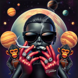 A musical cover art featuring a black doll in the center, wearing sleek black space sunglasses