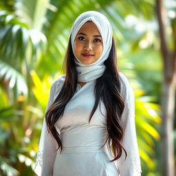 A beautiful 20-year-old Indonesian woman wearing a white hijab, radiating elegance and grace