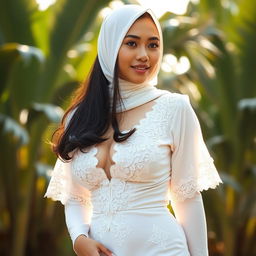 A beautiful 20-year-old Indonesian woman wearing a white hijab, radiating elegance and grace