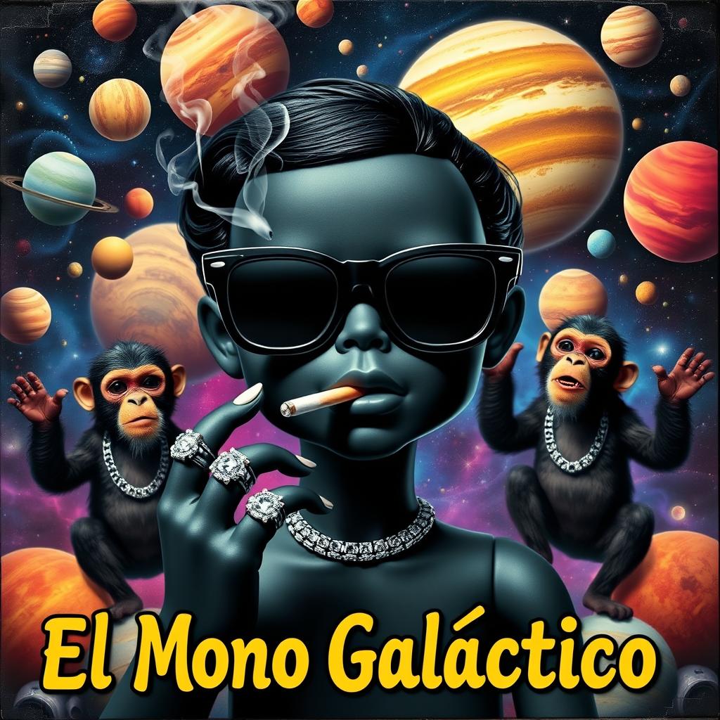 A vibrant music album cover featuring a black doll in the center wearing sleek black space glasses